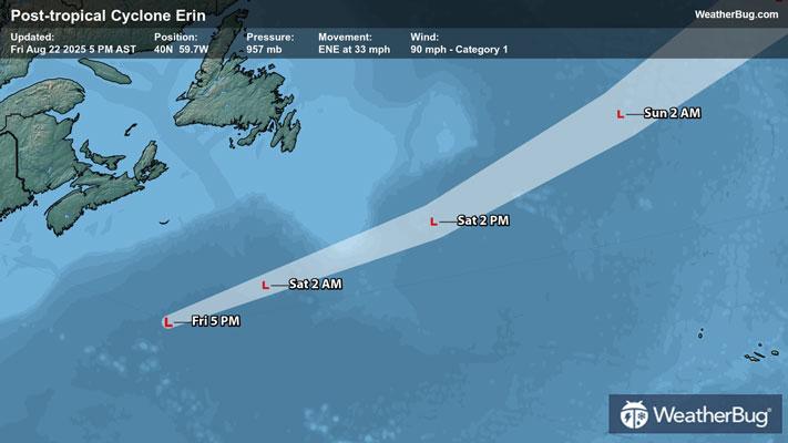 Post-tropical Cyclone Erin's Latest Forecast Track